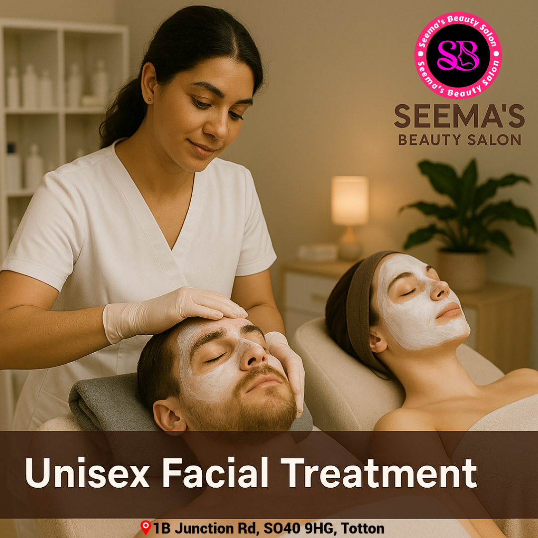 A female beauty therapist at Seema’s Beauty Salon provides a unisex facial treatment to a male and female client lying on separate beds with face masks applied, under soft lighting in a calm, professionally arranged treatment room.